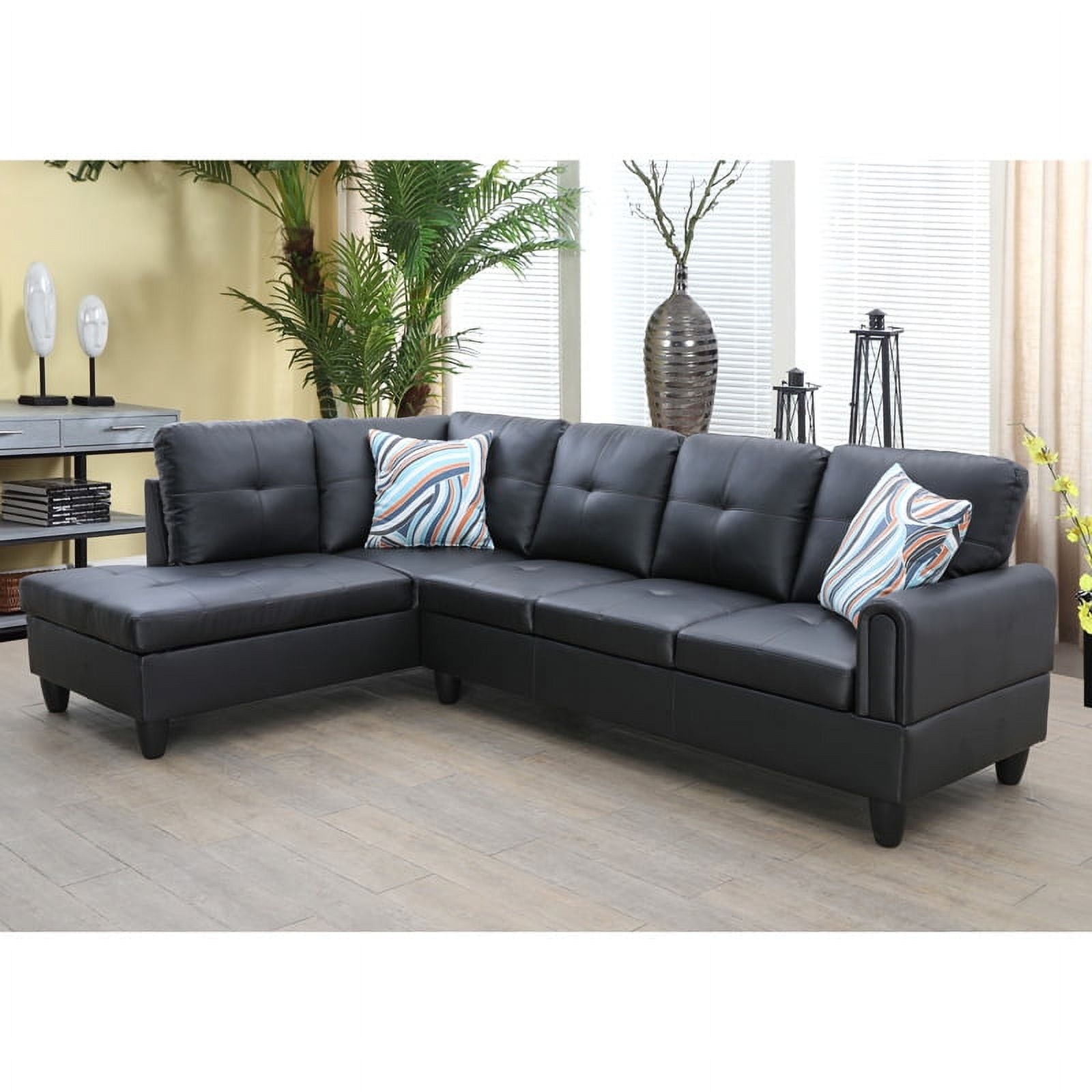 Hommoo Faux Leather 4-Seat L Shaped Couch Living Room Sofa Set, Sectional Sofa Chaise Lounge, Modern Couch Sofa Set for Home, Apartment, Dorm, Black(Without Ottoman)