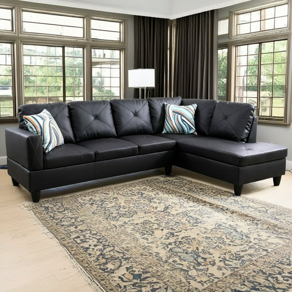 Hommoo Faux Leather 4-Seat L Shaped Couch Living Room Sofa Set, Sectional Sofa Chaise Lounge, Modern Couch Sofa Set for Small Space, Black(No Ottoman)