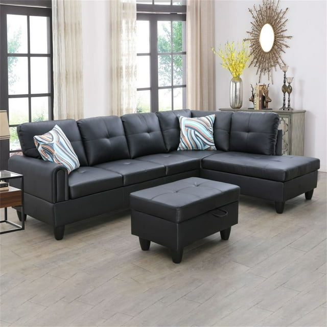 Hommoo Faux Leather 4Seat L Shaped Couch Living Room Sofa Set