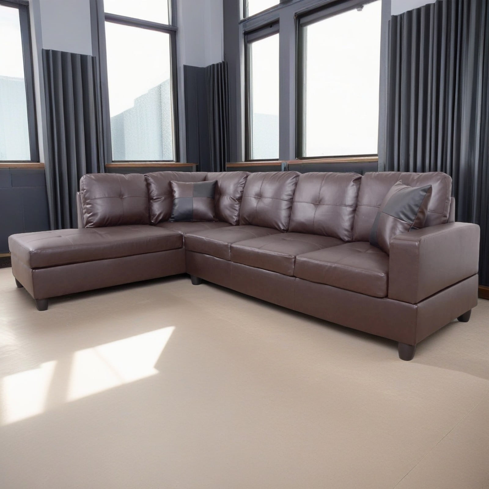 Hommoo Faux Leather L-Shaped Sectional Sofa, Living Room Furniture Sets, Modern 4-Seat Couches and Sofas Set for Home& Office, Brown(No Ottomans)
