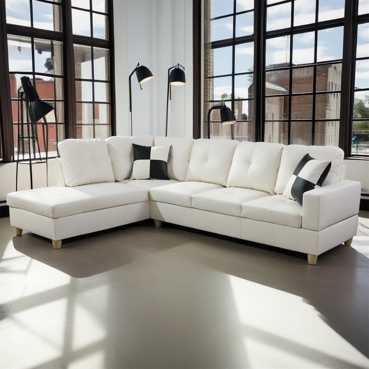 Hommoo Faux Leather L-Shaped Sectional Sofa, Living Room Furniture Sets, Modern 4-Seat Couches and Sofas Set for Home& Office, White(No Ottomans)