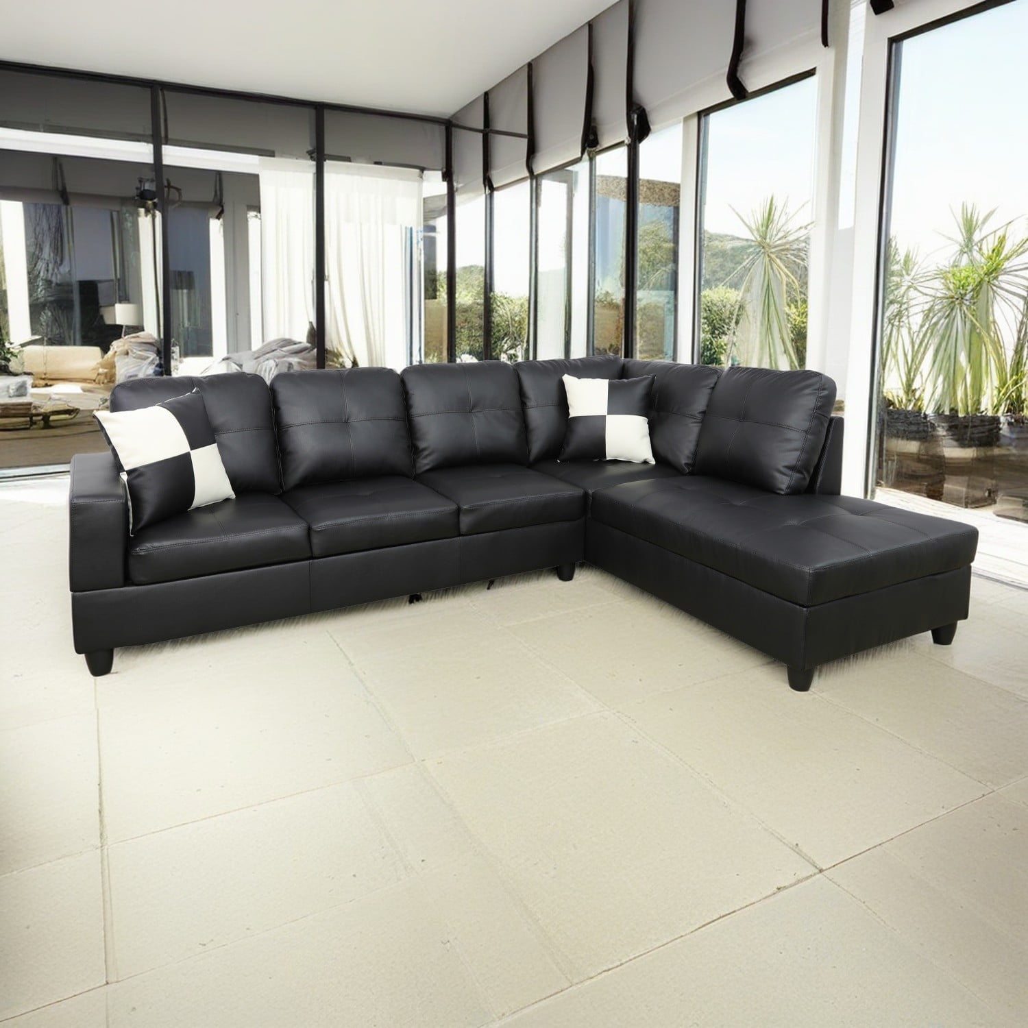 Hommoo Faux Leather L-Shaped Sectional Sofa, Modern 4-Seat Couches and Sofas Set, Living Room Furniture Sets for Home& Office, Black (No Ottomans)