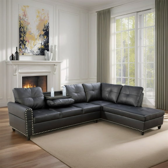 Hommoo Faux Leather Living Room Furniture Set, Modern Nailhead Trim L-Shaped Sectional Couch and Sofa Set with Cup Holder, Right Side, Black