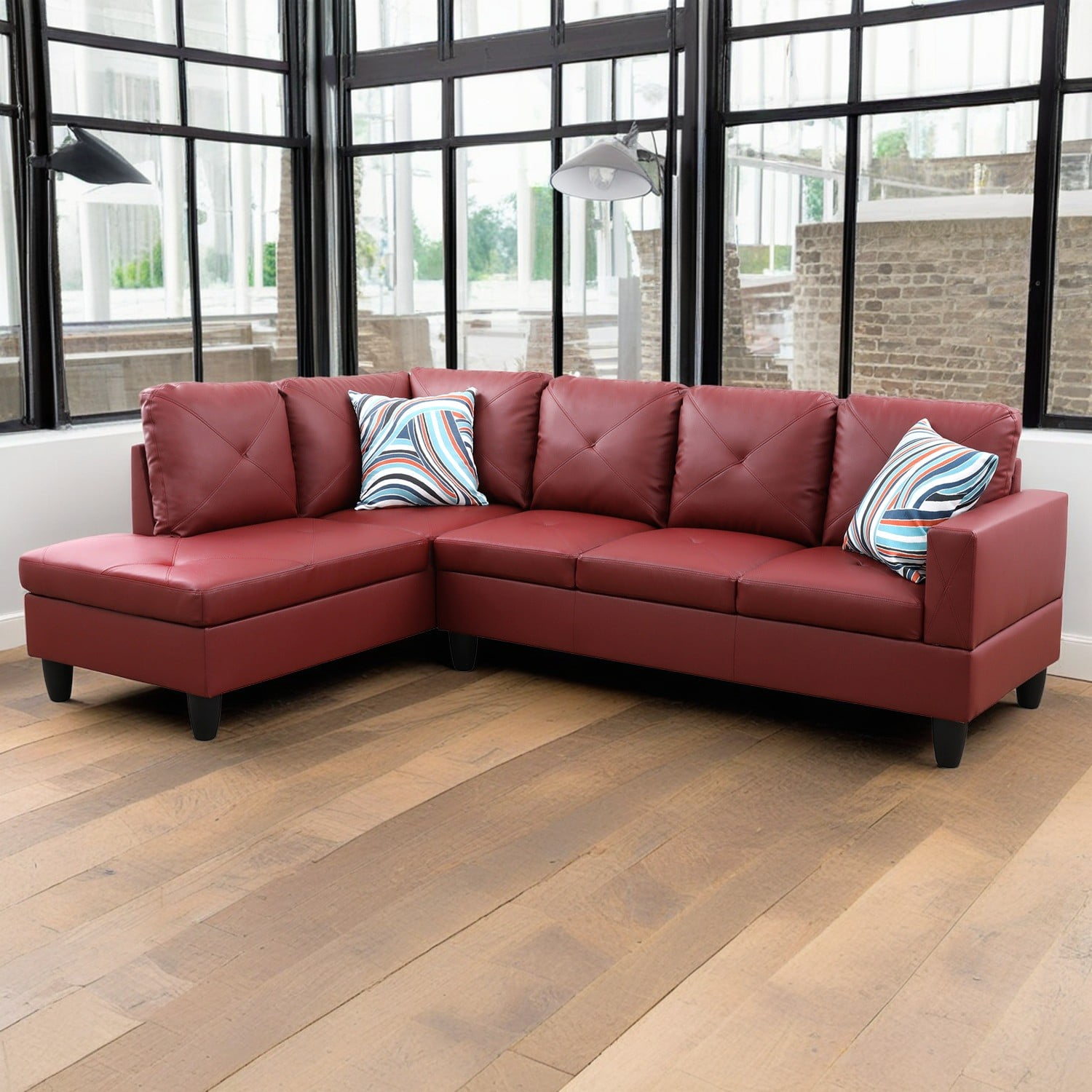 Hommoo Faux Leather Modern Sectional Sofa, Living Room Furniture Sets,L Shaped 4-Seat Couch Sofa Set for Home, Apartment, Dorm, 16'' Back Height, Red(No Ottomans)