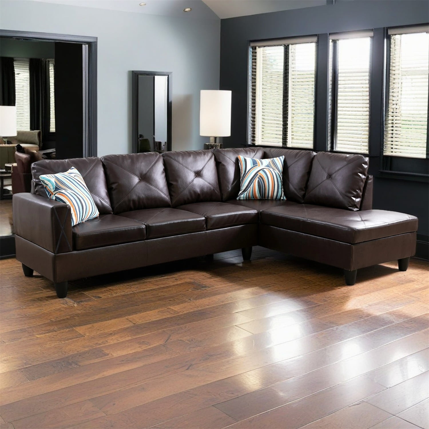 Hommoo Faux Leather Sectional Sofa, 4-Seat L-Shaped Couch, Modern Indoor Living Room Furniture, Apartment, Office, Brown(Without Ottoman)