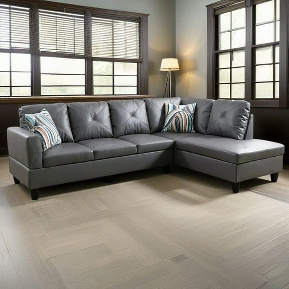 Hommoo Faux Leather Sectional Sofa, Mordern 4-Seat L-Shaped Couch for Small Space Living Room, Apartment, Office, Dark Grey(Without Ottoman)