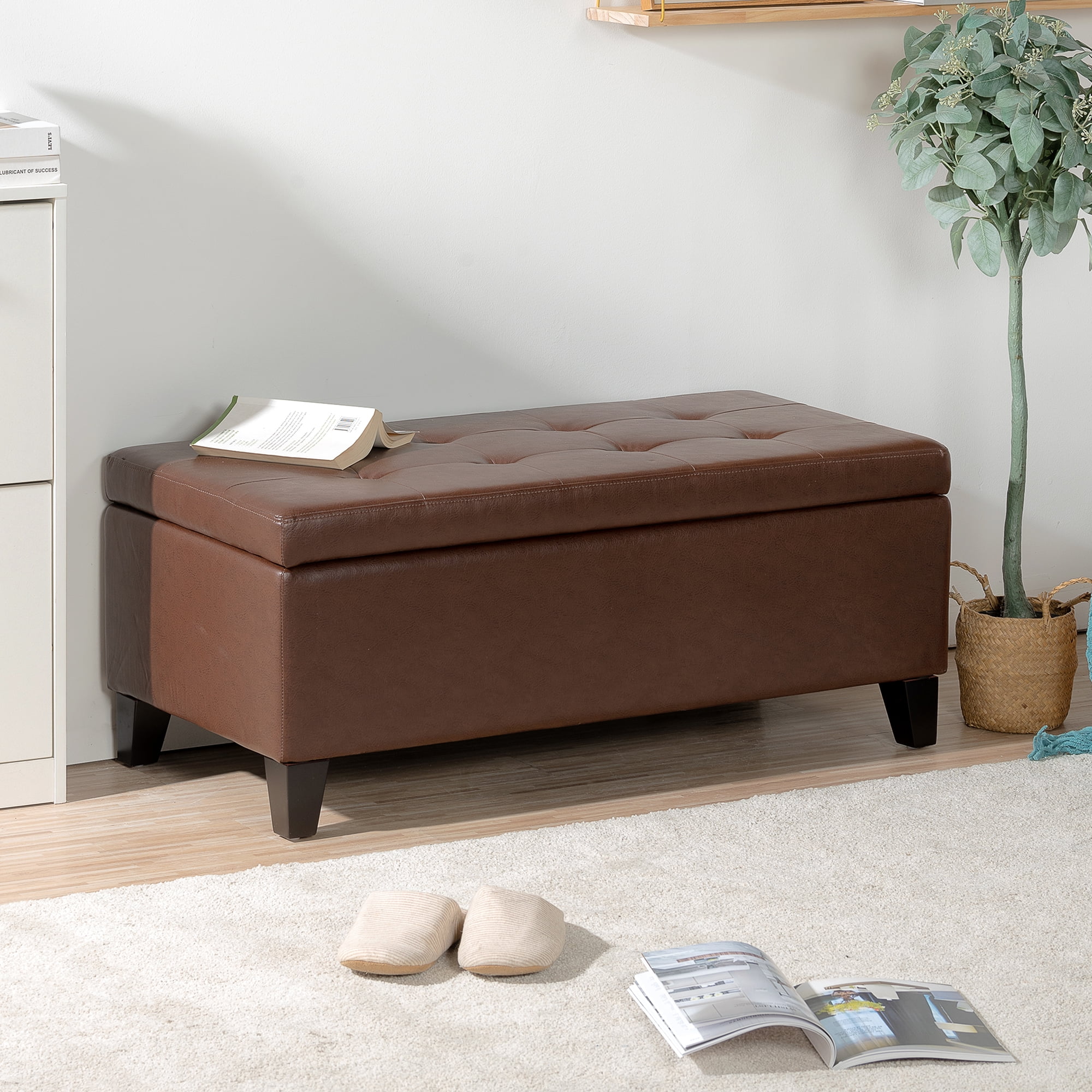 Hommoo Faux Leather Storage Ottoman with Wooden Legs, Storage Ottoman