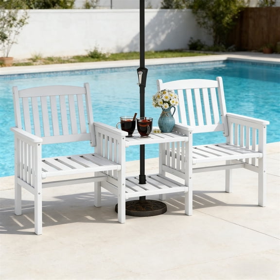 Hommoo Fir Wood Outdoor Patio Bench Loveseat with Side Table & Umbrella Hole, White