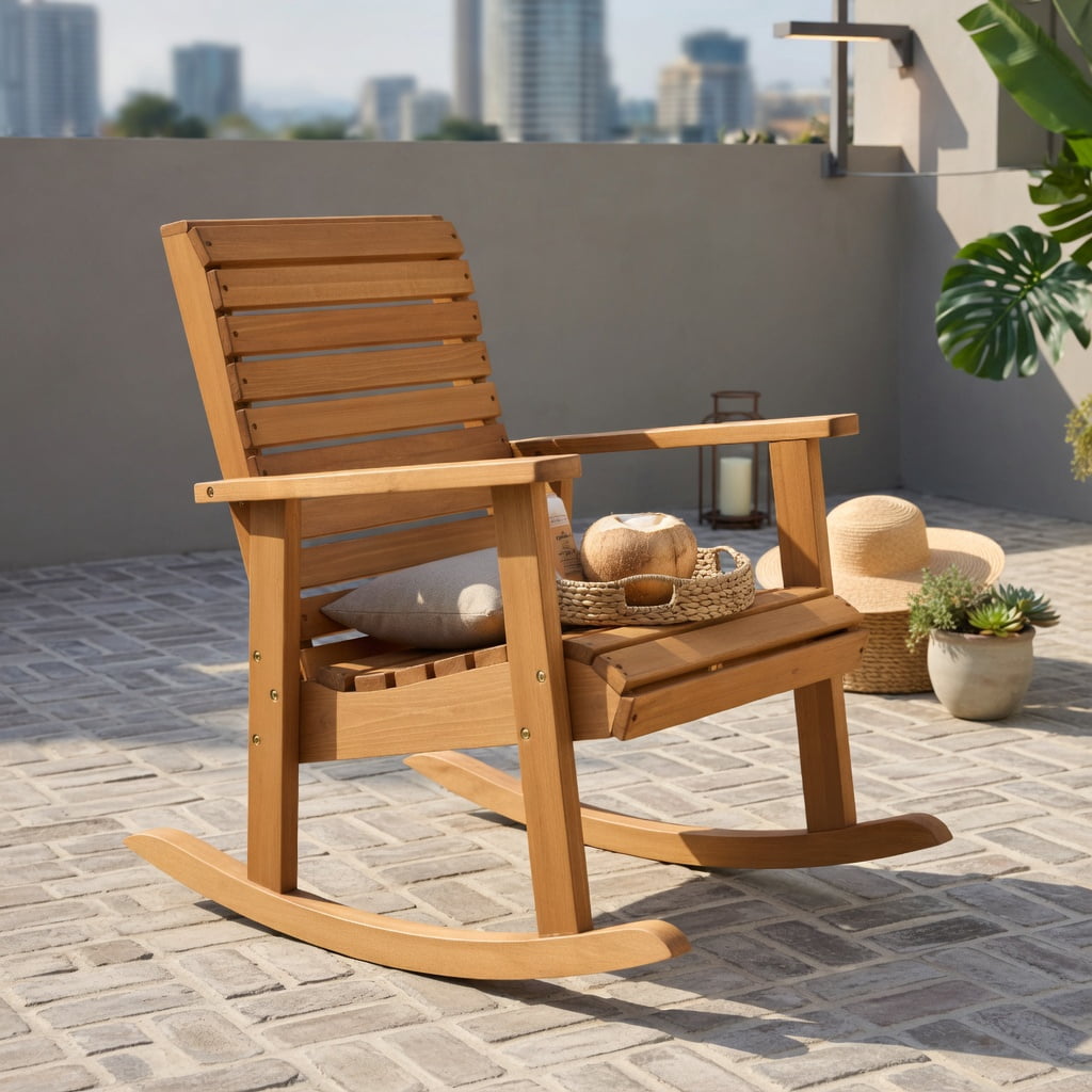 Hommoo Fir Wood Outdoor Rocking Chair with High Backrest, for Porch & Patio Seating, Brown