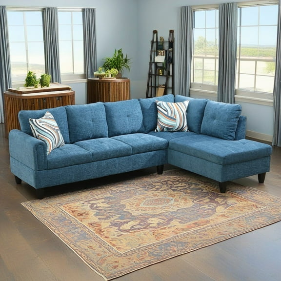 Hommoo Flannel 4-Seat Couch Sofa Set, L Shaped Couch Living Room Sofa Set, Sectional Sofa for Home, Apartment, Dorm, Blue(Without Ottoman