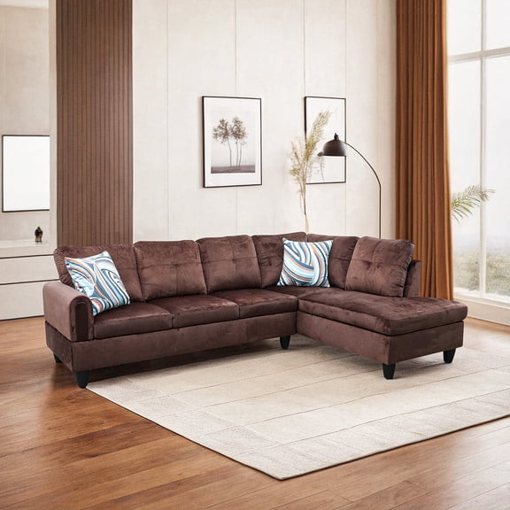 Hommoo Flannel 4-Seat Couch Sofa Set, L Shaped Couch Living Room Sofa Set, Sectional Sofa for Home, Apartment, Dorm, Brown(Without Ottoman)