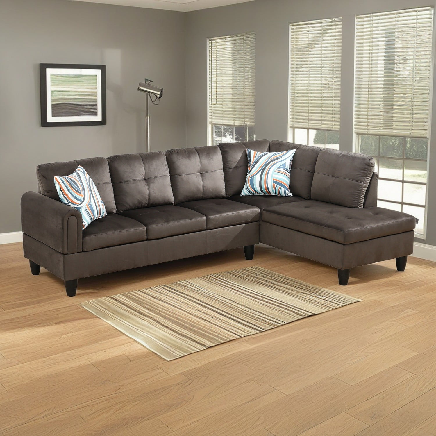Hommoo Flannel 4-Seat Couch Sofa Set, L Shaped Couch Living Room Sofa Set, Sectional Sofa for Small Space, Dark Brown(No Ottoman)