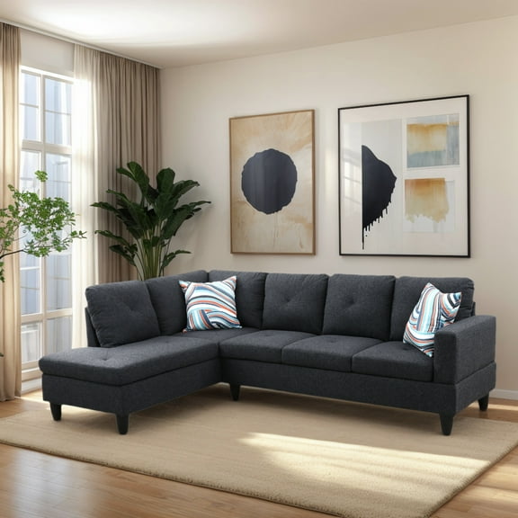 Hommoo Flannel 4-Seat L-Shape Sectional Couch Sofa, Living Room Furniture Sets, Black Grey(No Ottoman)