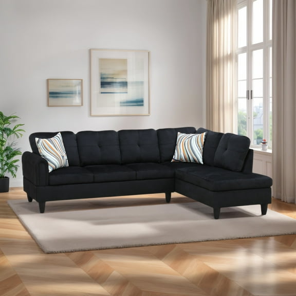 Hommoo Flannel L Shaped Sectional Couch and Sofa Set, Modern Living Room Furniture Set, Right Side, Black