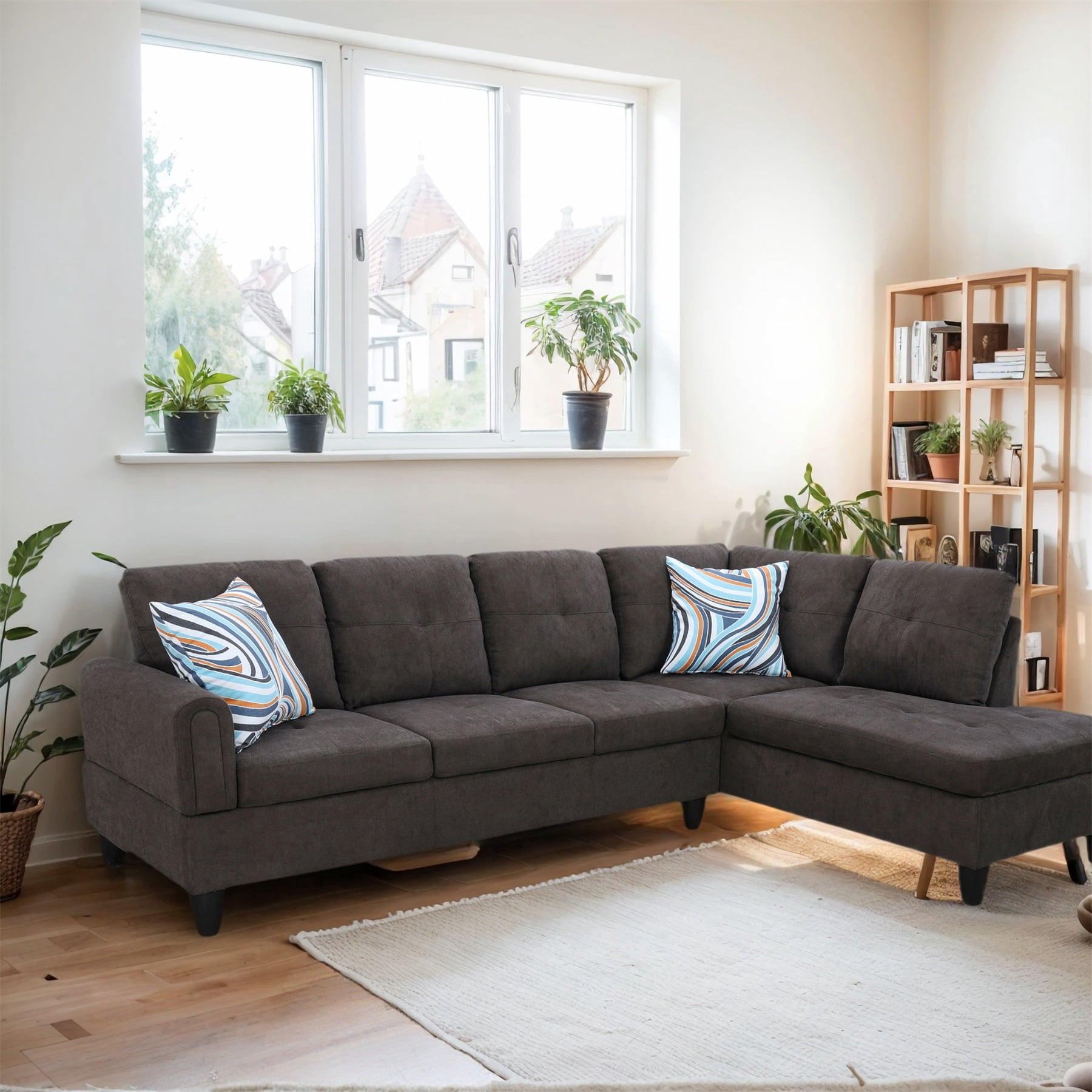 Hommoo Flannel L Shaped Sectional Couch and Sofa Set, Modern Living Room Furniture Set, Right Side, Dark Brown