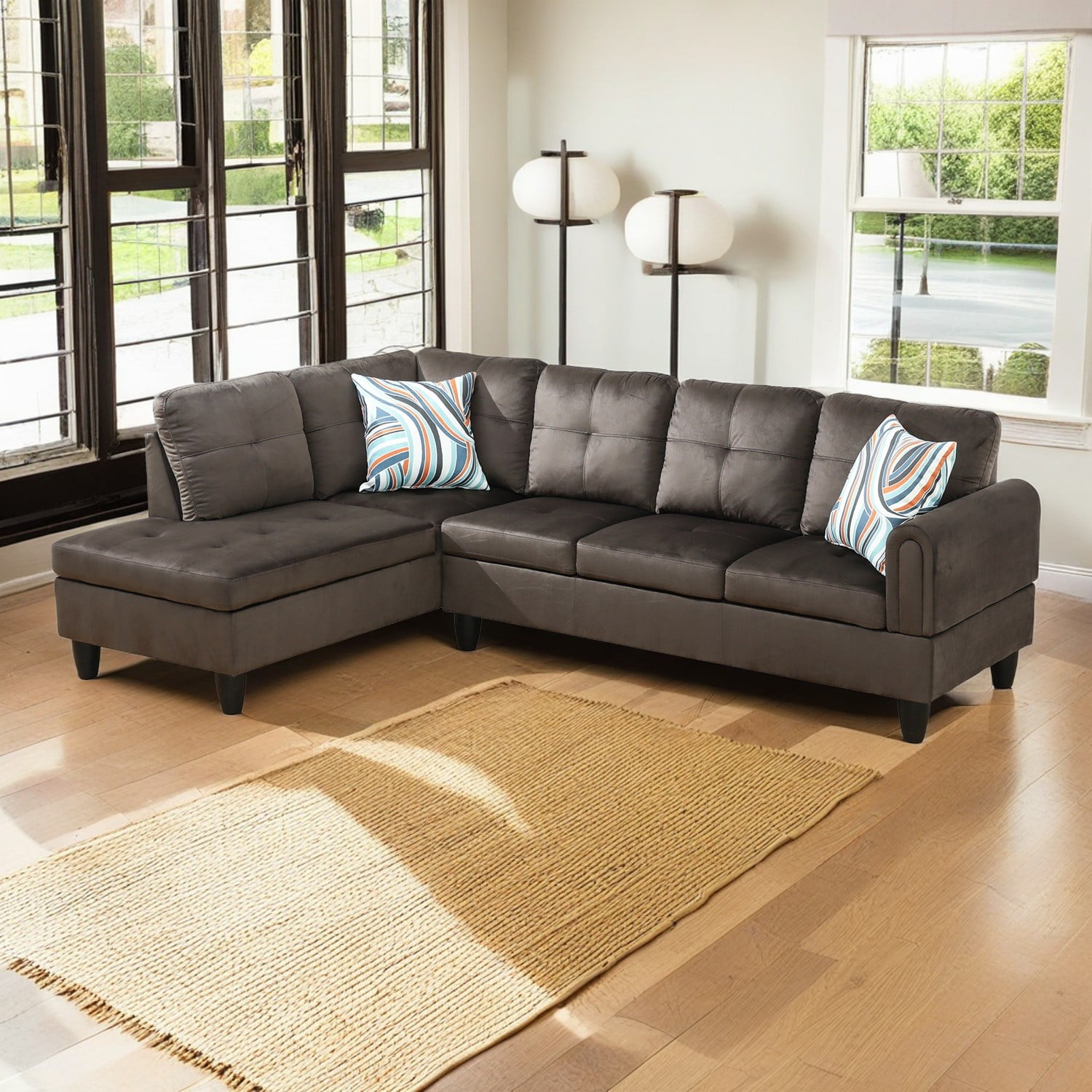 Hommoo Flannel Living Room Furniture Set, L Shaped Couch  Sectional Sofa, 4-Seat Couches and Sofa for Home, Apartment, Dorm, Dark Brown(No Ottoman)