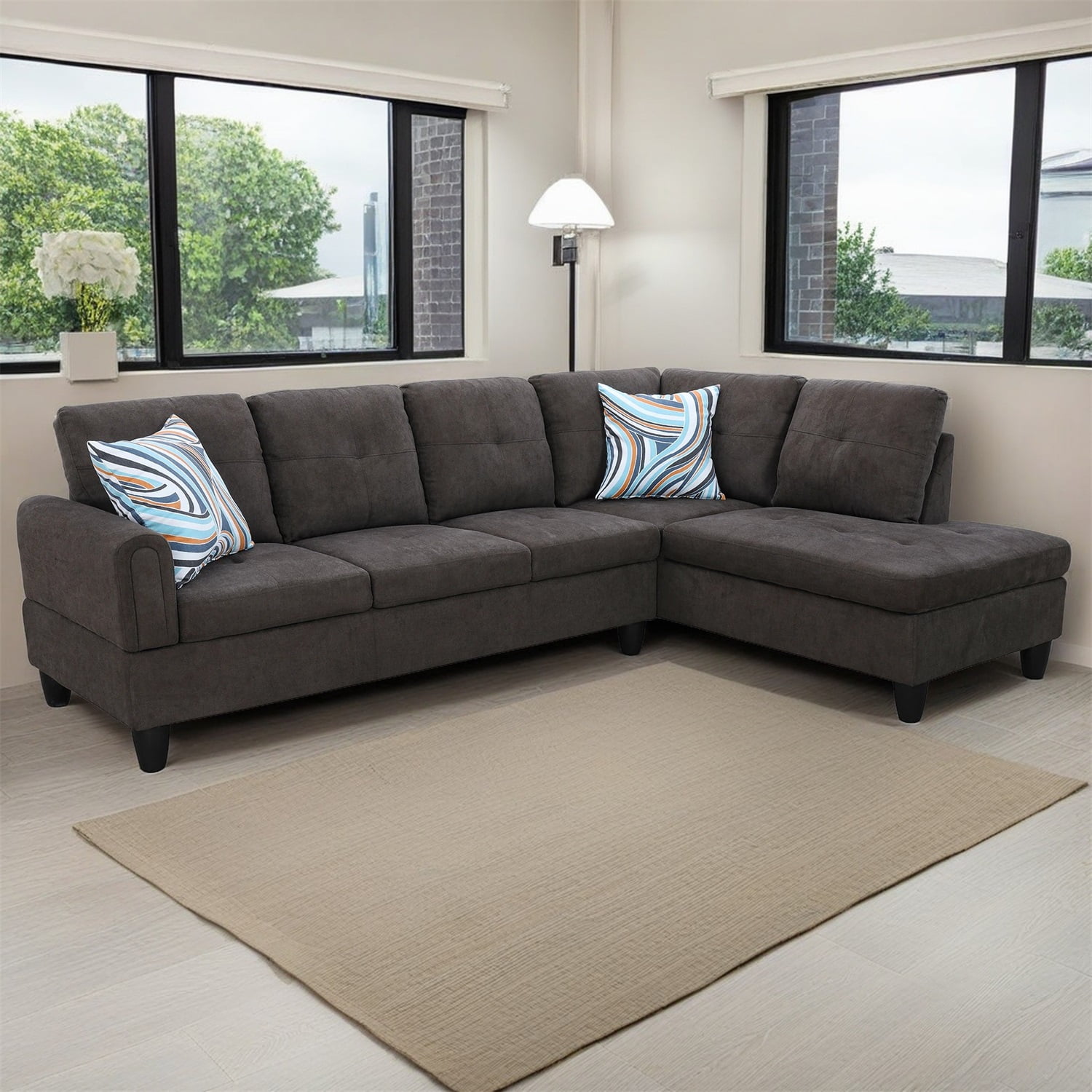 Hommoo Flannel Living Room Furniture Sets, 4-Seat Couches and Sofa Set, L Shaped Couch Set Sectional Sofa Set for Home, Apartment, Dorm, Dark Brown(No Ottoman)