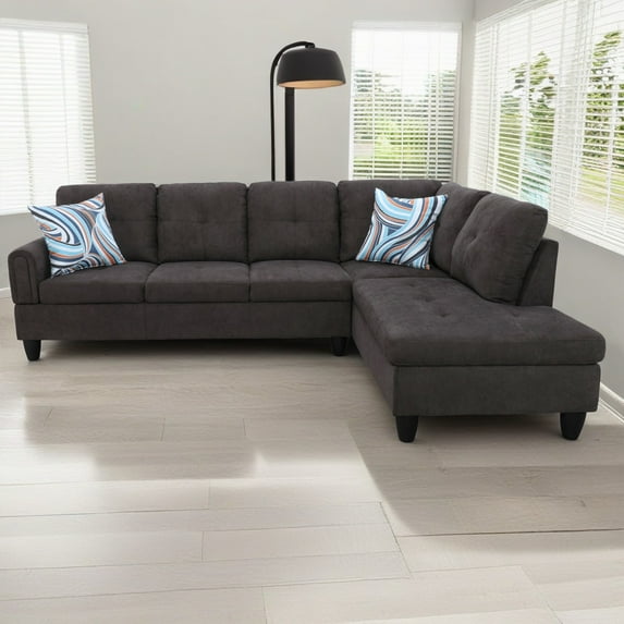 Hommoo Flannel Living Room Furniture Sets, 4-Seat Couches and Sofa Set, L Shaped Couch Set Sectional Sofa Set for Home, Apartment, Dorm, Dark Brown(No Ottoman)