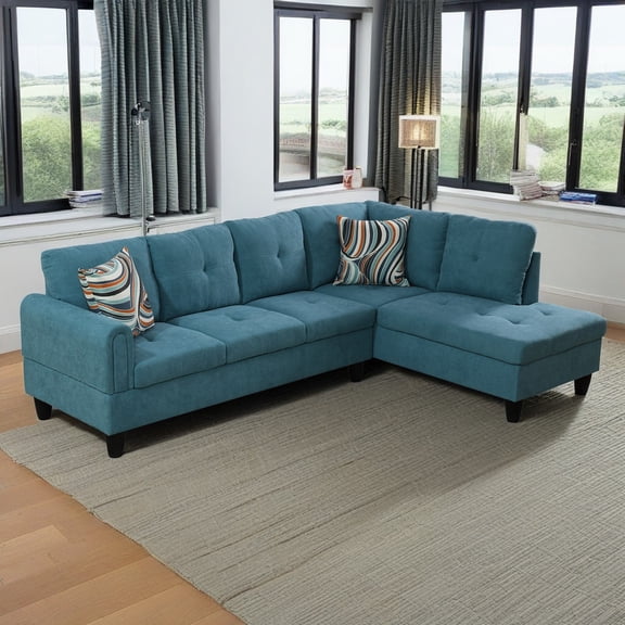 Hommoo Flannel Living Room Furniture Sets, 4-Seat Couches and Sofa Set, L Shaped Couch Set Sectional Sofa Set for Home, Apartment, Dorm, Green(No Ottoman)