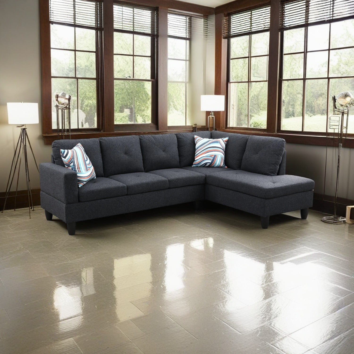 Hommoo Flannel Living Room Furniture Sets, 4-Seat L-Shape Sectional Couch Sofa, Black Grey(No Ottoman)