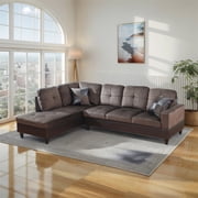 Hommoo Flannel & PVC L-Shaped Sectional Couch and Sofa Set, Modern Living Room Furniture Set, Left Side, Dark Brown