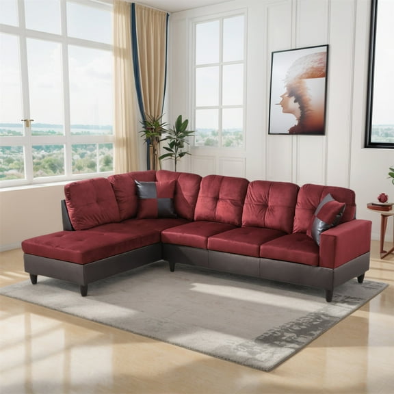 Hommoo Flannel & PVC L-Shaped Sectional Couch and Sofa Set, Modern Living Room Furniture Set, Left Side, Red