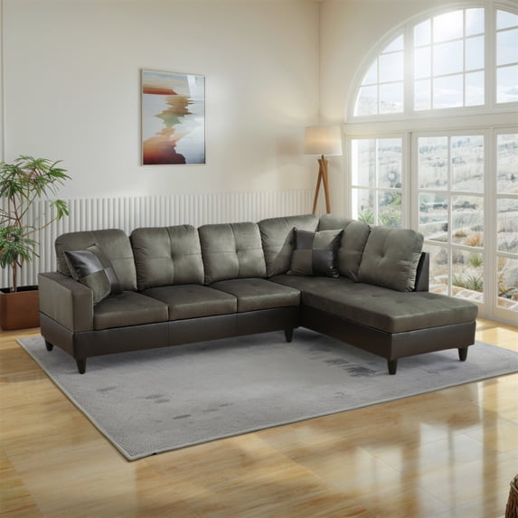 Hommoo Flannel & PVC L-Shaped Sectional Couch and Sofa Set, Modern Living Room Furniture Set, Right Side, Taupe