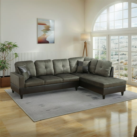 Hommoo Flannel & PVC L-Shaped Sectional Couch and Sofa Set, Modern Living Room Furniture Set, Right Side, Taupe