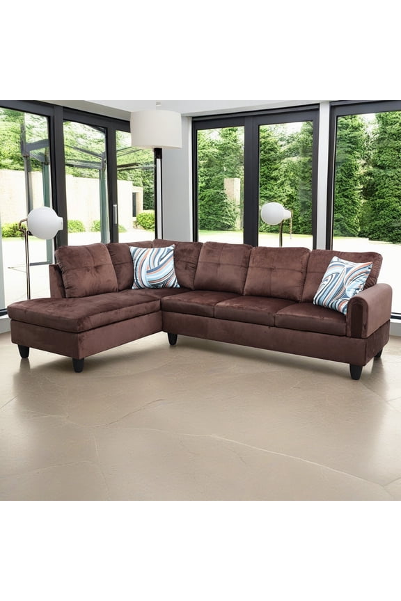 Flannel Sectional Couch Sofa Set, Modern L Shaped Couch Living Room Furniture Sets, Chocolate(No Ottoman)