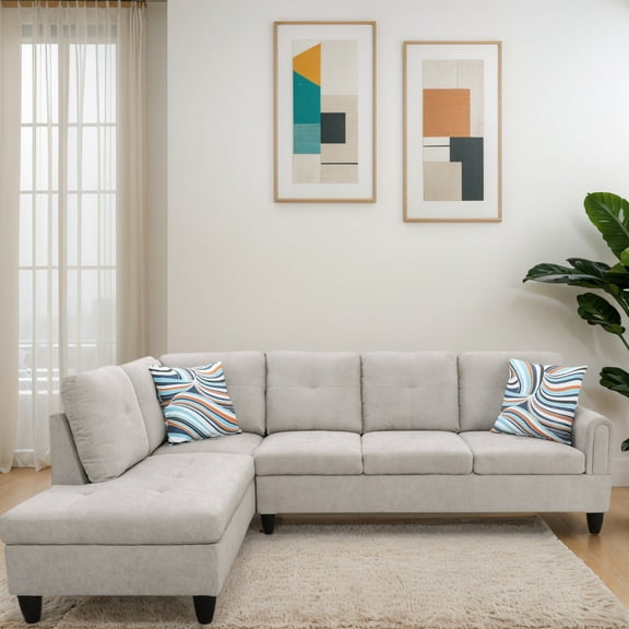 Hommoo Flannel Sectional Couch Sofa Set, Modern L Shaped Couch Living Room Furniture Sets, Grey White(No Ottoman)