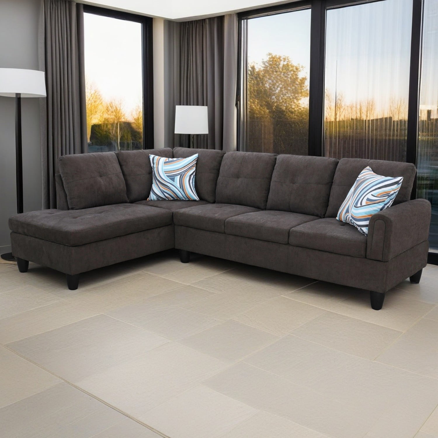 Hommoo Flannel Sectional Sofa Model Set, Modern 4-Seat Couches and Sofaes, L-Shaped Living Room Furniture Set, Dark Brown(No Ottomans)