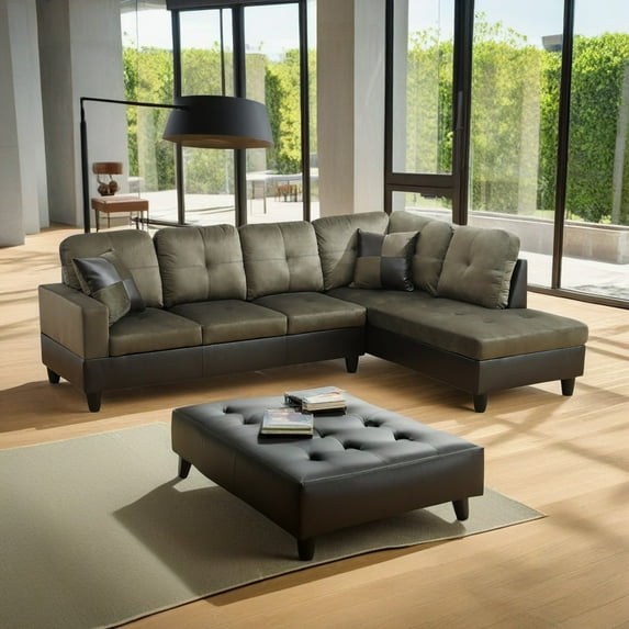Hommoo Flannel and PVC Living Room Furniture Sets, L Shaped Couches and Sofas, Modern Sectional Sofa for Home&Office, Taupe (No Ottomans)