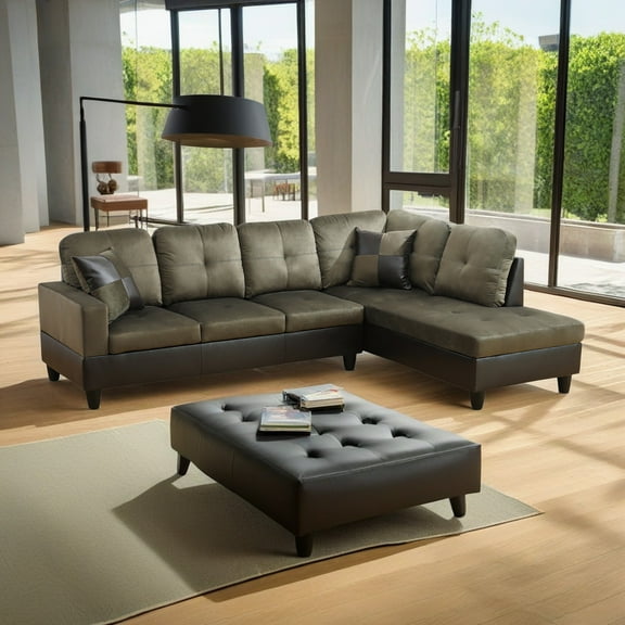 Hommoo Flannel and PVC Living Room Furniture Sets, L Shaped Couches and Sofas, Modern Sectional Sofa for Home&Office, Taupe (No Ottomans)