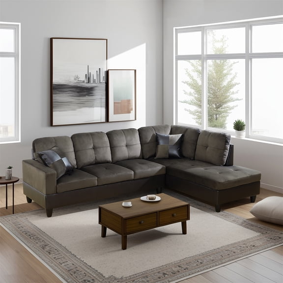 Hommoo Flannel and PVC Living Room Furniture Sets, L Shaped Couches and Sofas, Modern Sectional Sofa for Small Space, Dark Brown(No Ottomans)