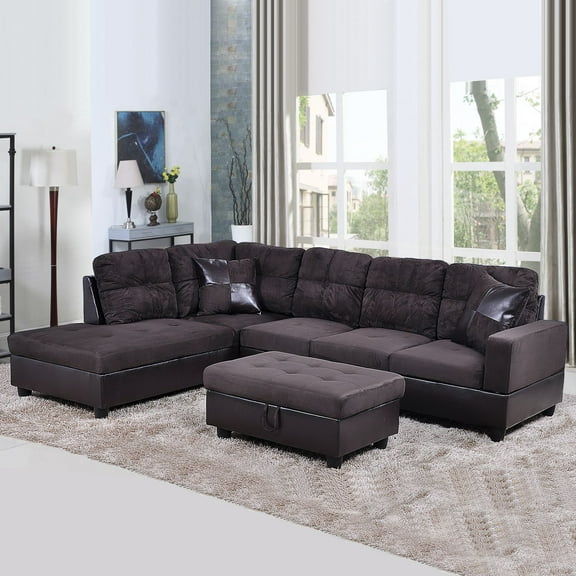 Hommoo Modern Flannel and PVC Sectional Couches and Sofas Set,L Shaped Couch Living Room Furniture Sets, Left Side, No Ottoman, Dark Brown