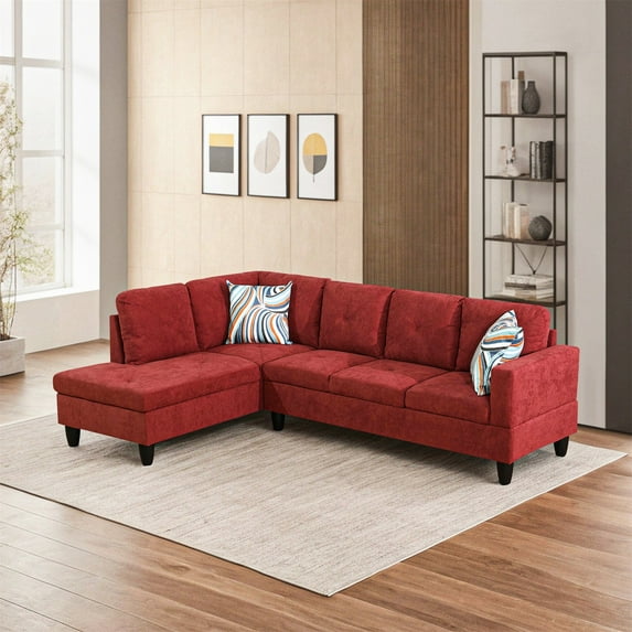 Hommoo Flannelette 4-Seat L-Shape Sectional Couch Sofa, Living Room Furniture Sets, Red(No Ottoman)