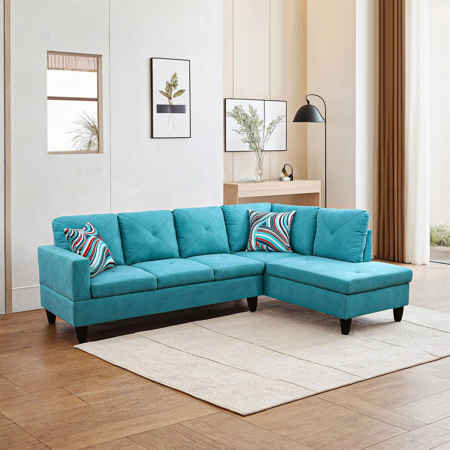 Hommoo Flannelette Living Room Furniture Sets, 4-Seat L-Shape Sectional Couch Sofa, Green(No Ottoman)