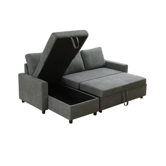 Hommoo Flannelette Reversible L-Shaped Sleeper Sofa Bed, Modern Sectional Couch Sofa Bed with Storage, Pull-Out Couch Sofa for Living Room, Bedroom and Office, Dark Grey