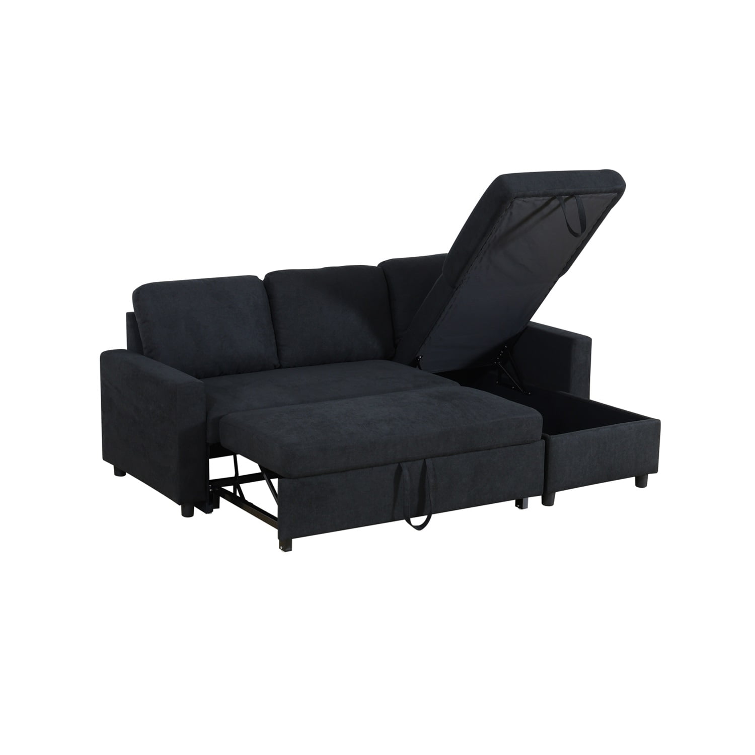 Hommoo Flannelette Reversible L-Shaped Sleeper Sofa Bed, Modern Sectional Couch Sofa Bed with Storage, Pull-Out Couch Sofa for Living Room, Bedroom and Office, Black