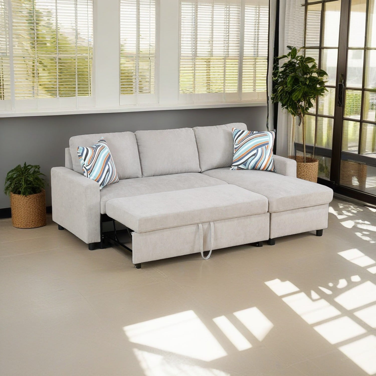 Hommoo Flannelette Reversible L-Shaped Sleeper Sofa Bed, Modern Sectional Couch Sofa Bed with Storage, Pull-Out Couch Sofa for Living Room, Bedroom and Office, Grey