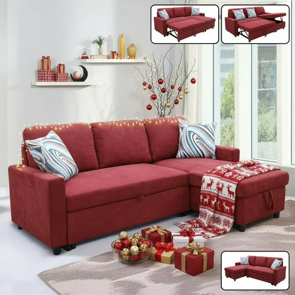Hommoo Flannelette Reversible L-Shaped Sleeper Sofa Bed, Modern Sectional Couch Sofa Bed with Storage, Pull-Out Couch Sofa for Living Room, Bedroom and Office, Red