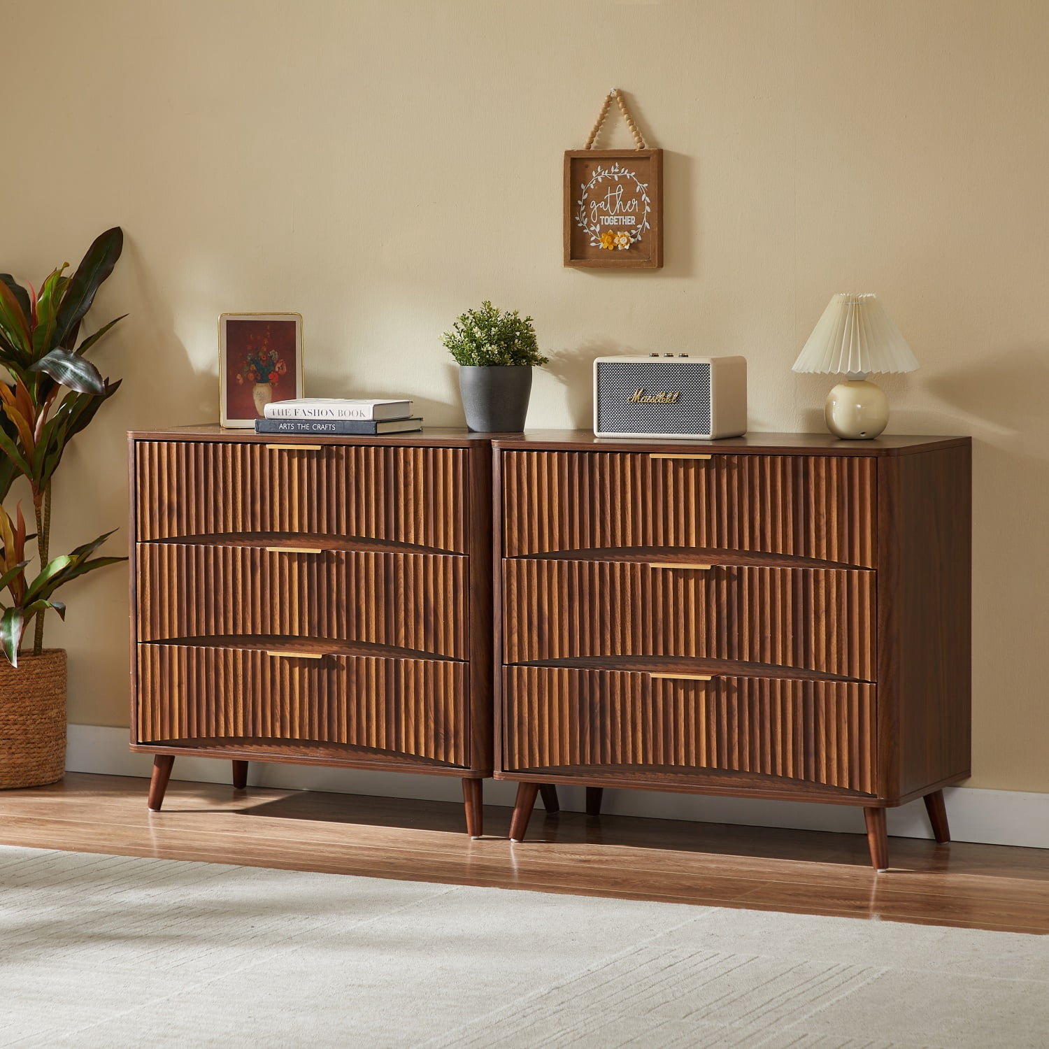 Hommoo Fluted 3-Drawer Dresser Set of 2, Mid-Century Modern Tall Chest with Vertical Grooved Design, Solid Wood-Look Particle Board & MDF Storage Cabinet for Bedroom or Living Room, Walnut