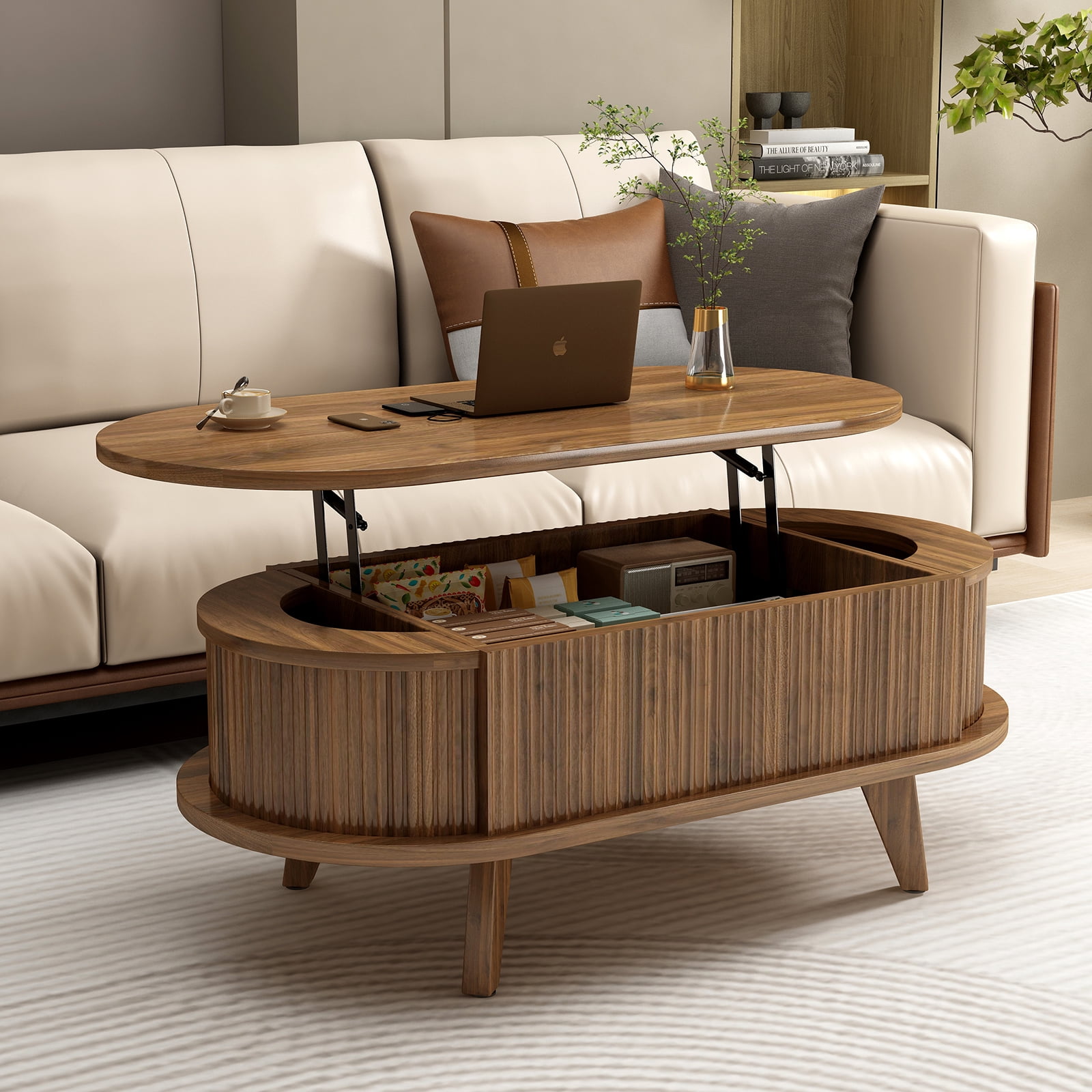 Hommoo Fluted Lift Top Coffee Table with Hidden Storage Compartments, Mid-Century Modern Oval Wooden Center Table for Living Room, Office & Small Spaces, Walnut
