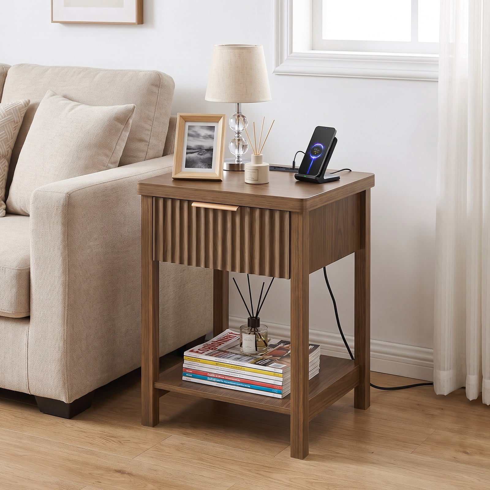 Hommoo Fluted Wood Nightstand Set of 2 with Built-in Charging Station, Storage Drawer & Open Shelf, Modern Bedside Table for Bedroom, Living Room & Small Spaces, Walnut