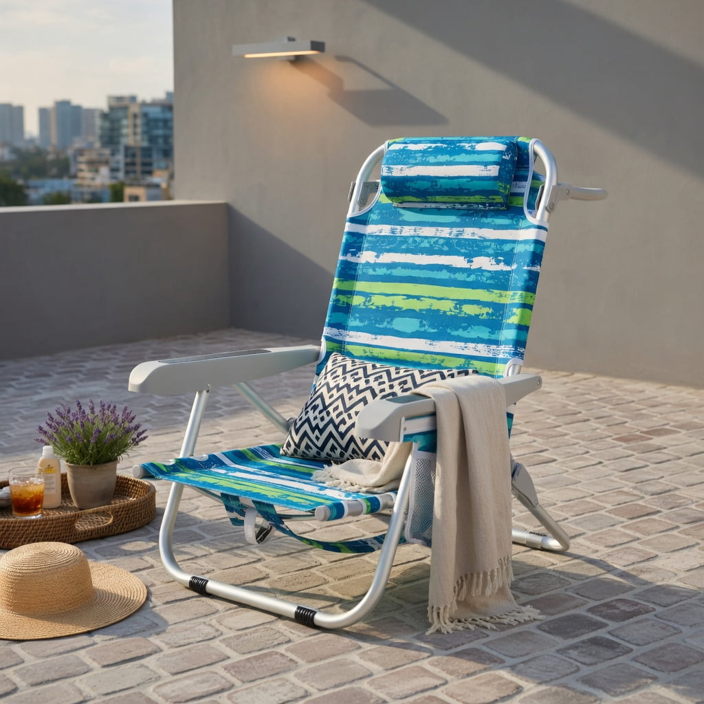 Hommoo Foldable Beach Chair with 5-Position Reclining Backrest, Cup Holder & Storage Pockets, Lightweight Aluminum Frame, Waterproof 600D Oxford Fabric, Blue & Green