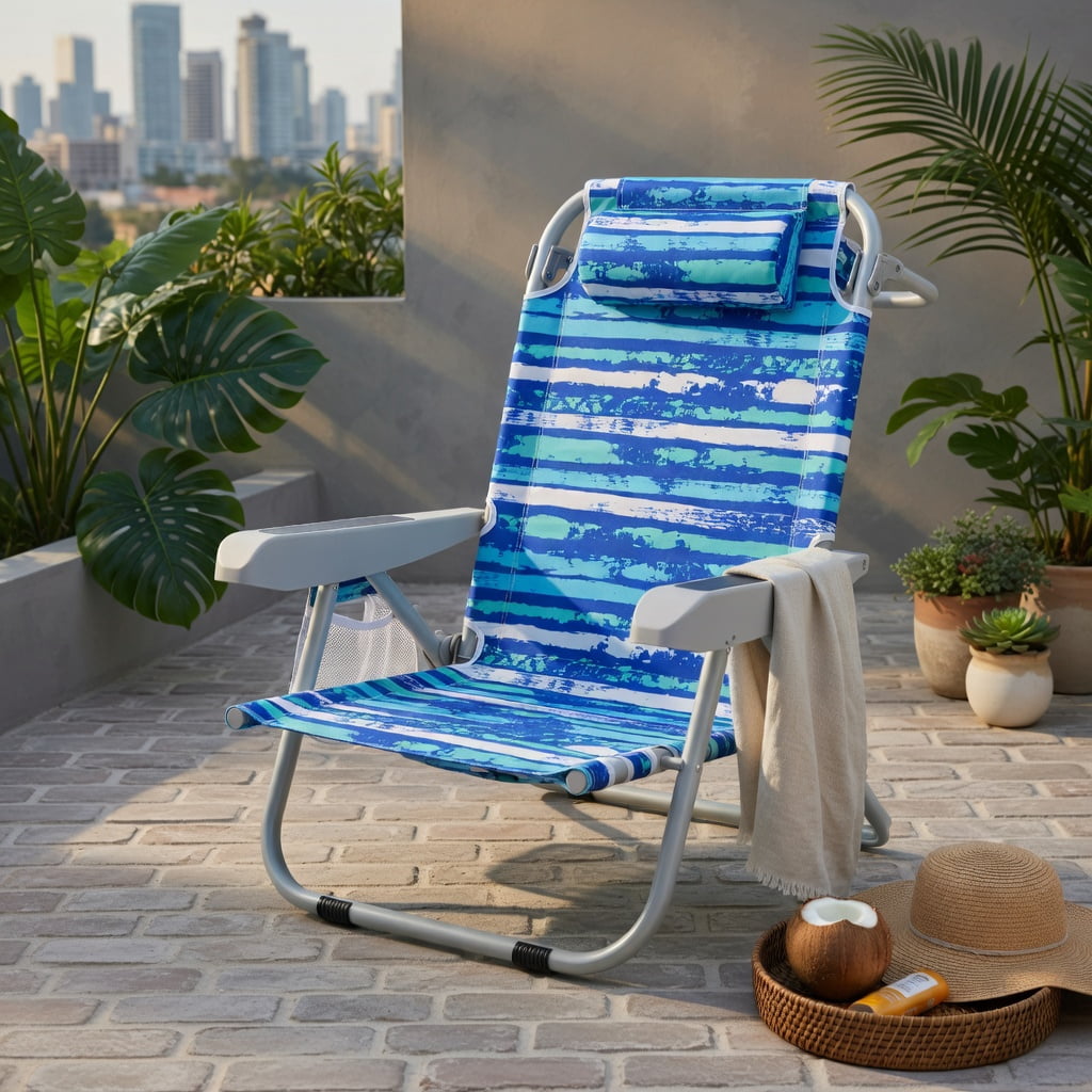 Hommoo Foldable Beach Chair with Cup Holder & Storage Pockets, Lightweight Aluminum Frame, Adjustable Backrest, Navy