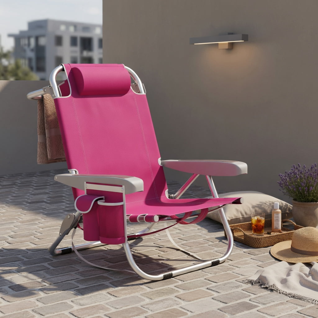 Hommoo Foldable Beach Chair with Cup Holder & Storage Pockets, Lightweight Aluminum Outdoor Chair for Beach, Pool & Lawn, Pink