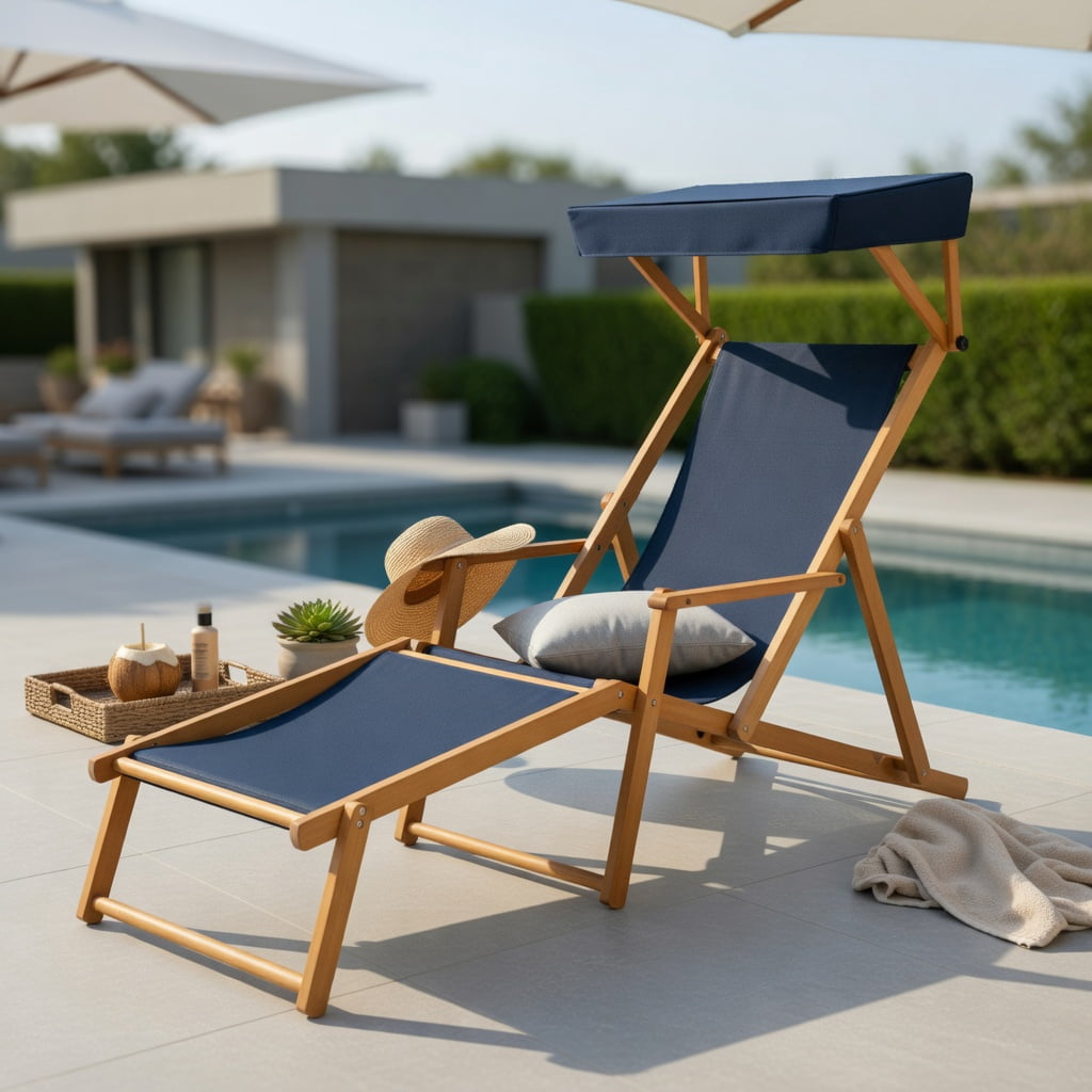 Hommoo Foldable Birch Wood Chaise Lounge Chair with Adjustable Canopy, Beach & Patio Recliner for Sunbathing, Reading, Poolside Relaxation, Navy