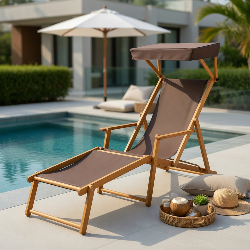 Hommoo Foldable Birch Wood Chaise Lounge Chair with Adjustable Canopy, Outdoor Beach Chair for Patio, Poolside & Garden, Brown