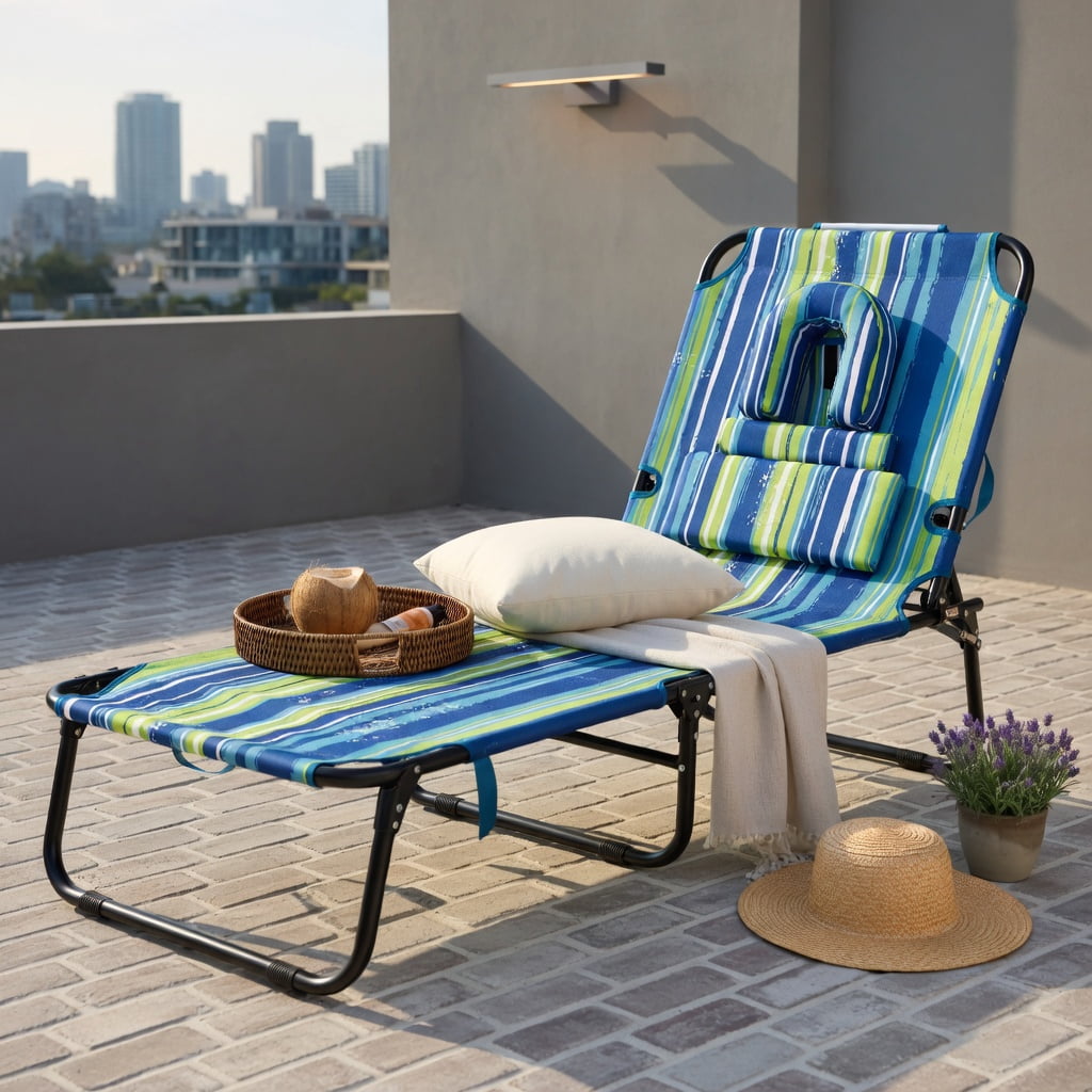 Hommoo Foldable Face-Down Tanning Chair with Adjustable Backrest, 3 Removable Pillows & Face Hole, Blue & Green